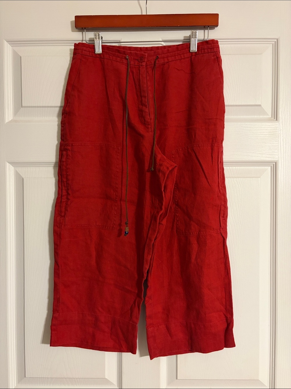 Lauren Ralph Lauren Red Linen Cargo Utility Crop Pants